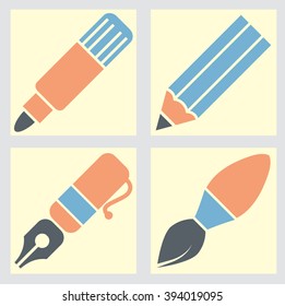 Icon set of drawing tools. Pencil, felt pen, pen, paintbrush. Vector illustration