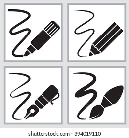 Icon set of drawing tools. Pencil, felt pen, pen, paintbrush. Vector illustration
