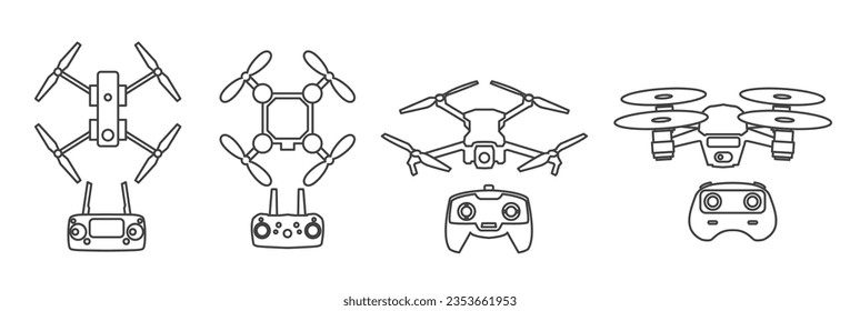 Icon set of drone quadrocopter with action camera, Drone icons set. Collection of 4 drone's isolated on white background. Vector illustration