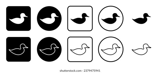 Icon set of duck symbol. Filled, outline, black and white icons set, flat style.  Vector illustration on white background