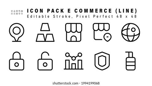 Conjunto de iconos de los iconos de la línea de comercio electrónico. Contiene iconos como Internet, Bloquear, Desbloquear, Analítica, etc. Editable Stroke. 48x48 Perfecto para píxeles