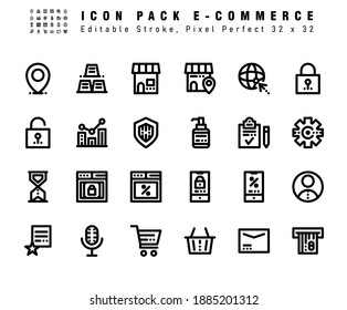 Icon Set of E Commerce Vector Line Icons. Contains such Icons as Location, Website, Padlock, Shopping Store etc. Editable Stroke. 32x32 Pixel Perfect