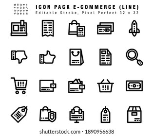 Icon Set of E commerce Vector Line Icons. Contains such Icons as Rocket, Like, Shopping Bag, Search etc. Editable Stroke. 32x32 Pixel Perfect