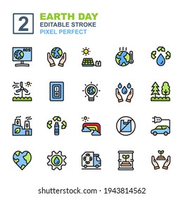 Icon Set of Earth day with Line color style. Contains such of Eco energy, windmill, love earth, electric car and more. You can be used for web, mobile, ui and more. Editable Stroke and pixel perfect.