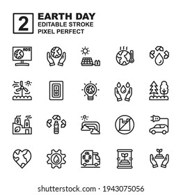 Icon Set of Earth day with outline style. Contains such of Eco energy, windmill, love earth, electric car and more. You can be used for web, mobile, ui and more. Editable Stroke and pixel perfect.