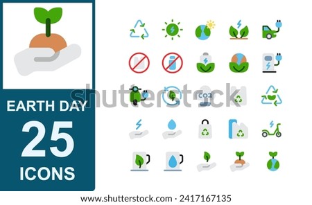 icon set of earth day.modern flat style.contains electric motor,biodiversity,recycled plastic,save energy,save water,electric bicycle,petrol,leaves,plants,plant Trees,earth,recycling,ecology,alternati