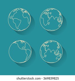 Icon Set Of Earth Globe. Simple Line Art. 