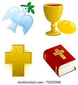 Icon set for easter/ Icon set of Dove with olive branch, Religious cross, Bread,  gold Chalice with Wine and  Bible.