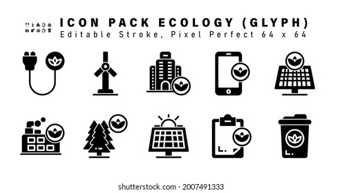 Icon Set of Ecology Glyph Icons. Contains such Icons as Solar Panel, Green Factory, Ecology, Solar Power etc. Editable Stroke. 64 x 64 Pixel Perfect