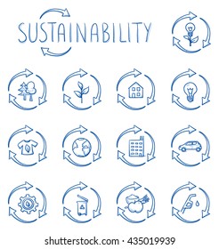 Icon Set Ecology, Sustainability, With Recycle Arrows Around Various Objects, House, Food, Clothing, Gear, Car, Lightbulb, Plant, Trees, Gas, Globe. Hand Drawn Line Art Cartoon Vector Illustration.