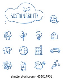 Icon Set Ecology, Sustainability, With Various Objects, House, Food, Clothing, Gear, Car, Lightbulb, Plant, Trees, Gas, Globe. Hand Drawn Line Art Cartoon Vector Illustration.