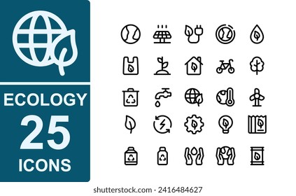 icon set ecology.thick outline style.contains earth,solar panel,eco energy,ozone,fresh water,recycled plastic bag,plants,bicycle,tree,recycled waste,recycling.vector eco tech.
