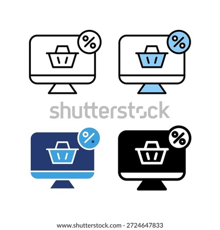 Icon set ecommerce discount, shopping promo sale. Icon line, glyph and flat with blue colour isolated white background.