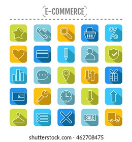 Icon set e-Commerce. Flat linear design, shopping symbols, elements.