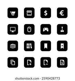 Icon set, e-commerce symbols, black and
‘white, minimalist design, shopping cart, store
front, dollar sign, euro symbol, computer
monitor, computer mouse, game controller,
joystick, stack of papers,