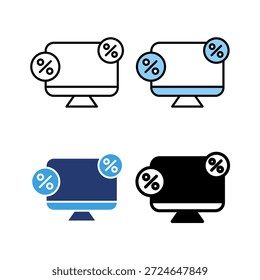 Ícone definir comércio eletrônico web desconto, compras promoção venda. Linha de ícone, glifo e plano com fundo branco isolado de cor azul.