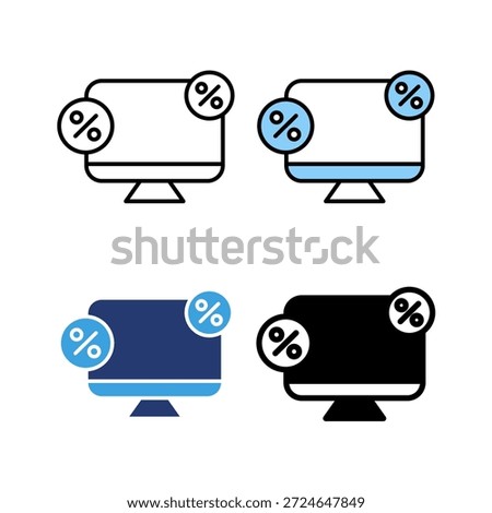 Icon set ecommerce web discount, shopping promo sale. Icon line, glyph and flat with blue colour isolated white background.