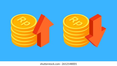 Icon set of economic growth and decline, including income, revenue, profit, earning, and monetary value. Stacked Indonesian Rupiah coin with up and down arrow. 3D isometric illustration.
