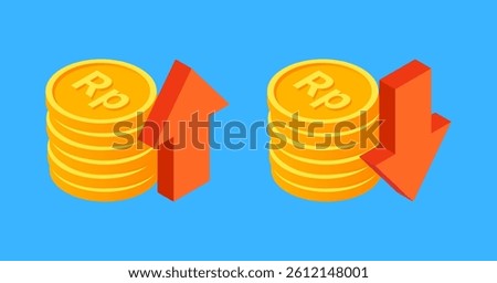Icon set of economic growth and decline, including income, revenue, profit, earning, and monetary value. Stacked Indonesian Rupiah coin with up and down arrow. 3D isometric illustration.