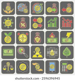Icon set of economy. Economy elements. Icon in embossed style.