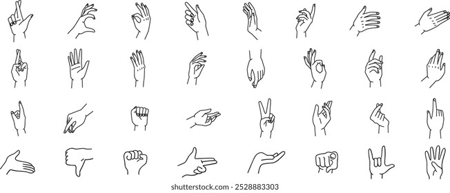 Conjunto de iconos de Variantes de mano de línea editables . Gestos, saludar, estrechar manos, dedos, señales.