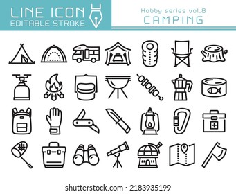 Camping vector icon set. Editable line stroke.