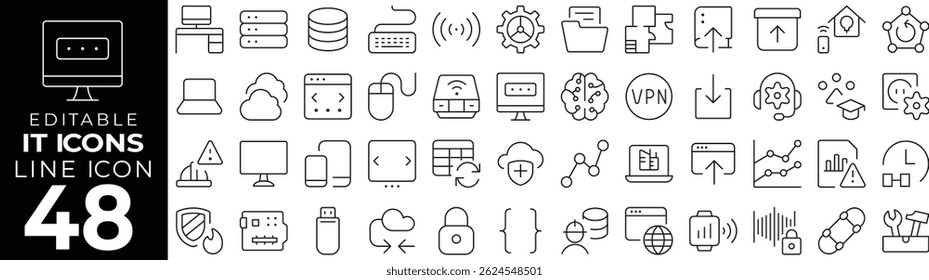 IT icon set with editable stroke. Information technology thin line icon collection. Vector illustration