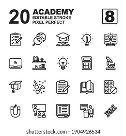 Icon Set of Education or academy. Outline style icon vector. Contains such of geography, graduation, music, exam, idea, knowledge, biology, dna, physics and more. Editable Stroke and Pixel perfect.
