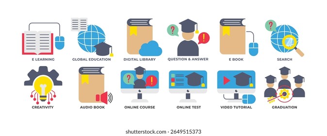 Icon Set of Education, E Learning, E Book, Educação Global, Graduação, Q n A e mais. Perfeito para apresentações, designs de sites e aplicativos. Estilo FLat do ícone.