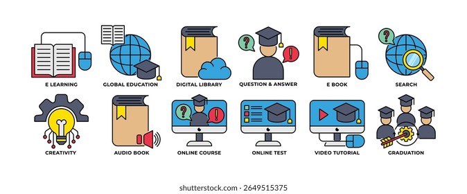 Icon Set of Education, E Learning, E Book, Educação Global, Graduação, Q n A e mais. Perfeito para apresentações, designs de sites e aplicativos. Contorno do ícone com estilo de cor.