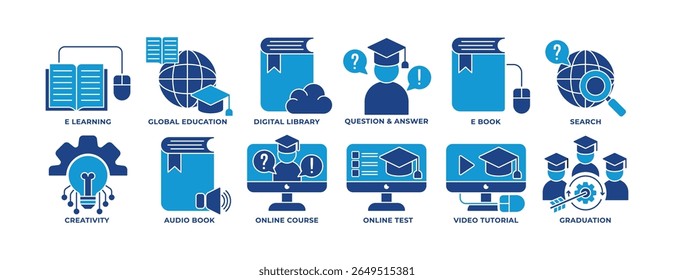Icon Set of Education, E Learning, E Book, Educação Global, Graduação, Q n A e mais. Perfeito para apresentações, designs de sites e aplicativos. Ícone Estilo Azul.