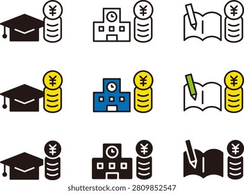 Icon set for education loans and tuition. Illustrations related to school and child-rearing.
