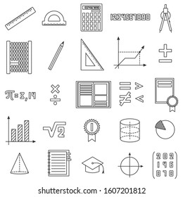 Icon set. Education, math. Vector black and white illustration with math objects on a white background.