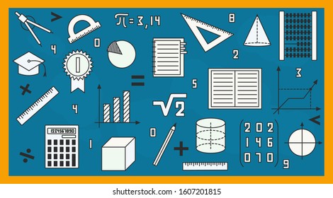 Icon set. Education, math. Vector illustration with math objects on a blue school blackboard.