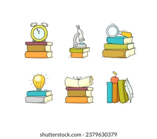 Icon Set - education objects with books stacks. Doodle cartoon scene about reading. Hand drawn vector illustration for education design isolated on white.