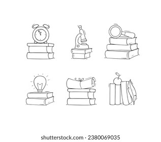 Icon Set - education objects with books stacks. Doodle cartoon scene about reading. Hand drawn vector illustration for education design isolated on white.
