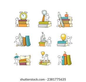 Icon Set - Erziehungsobjekte mit Bücherstapeln. Doodle Cartoon-Szene über Lesen. Handgezeichnete Vektorgrafik für Bildungsdesign einzeln auf Weiß.