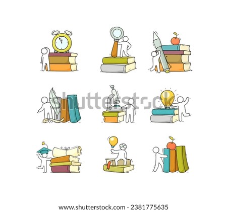 Icon Set - education objects with books stacks. Doodle cartoon scene about reading. Hand drawn vector illustration for education design isolated on white.