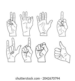 Icon Set Of Eight Outline Hand Gestures.okay(ok),peace Singn,clenched Fist,the Ily(i Love You),thumb Up,stop Hand(waving),finger Hand,pointing Fingers