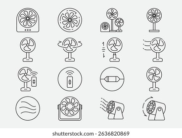 Icon set of elctric fan for benefits of use such as rotate, strong windy, fan blades, thermal fuse and remote control design with line icon vector illustration.