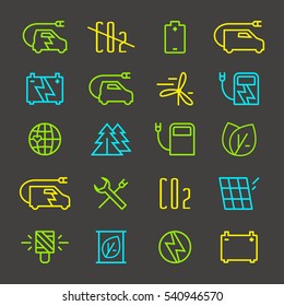 Icon set of electric car and ecology. Thin line style. Isolated on black background