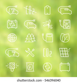 Icon set of electric car and ecology. Thin line style. White print on blurred background