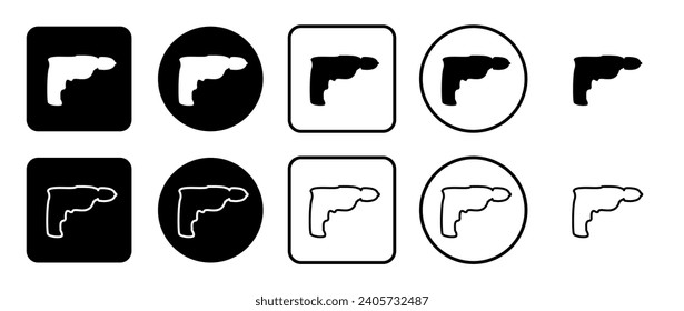 Conjunto de iconos del símbolo de taladro eléctrico. Relleno, contorno, conjunto de iconos en blanco y negro, estilo plano.  Ilustración del vector sobre fondo blanco