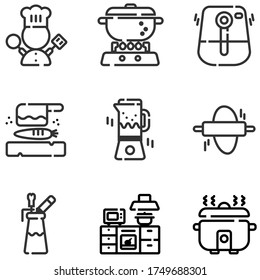 Icon set of electric kitchen equipments and chef symbol, spinner, air fryer, bread maker, cutting plate and knife, espuma