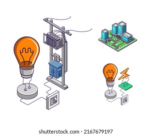 Juego de iconos para el negocio de la tecnología eléctrica en la calle de la ciudad