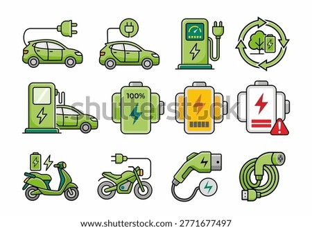 Icon set of electric vehicle, electric car, electric bike, charging station, green energy, battery indicator, and electric charger.