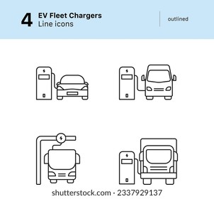 Juego de iconos de vehículos eléctricos cargando iconos de línea de vectores alineados. Set contiene Iconos de Carga EV para Flotas, Transporte Público, Camión, Camión, Camión Eléctrico y Cargadores Rápidos.