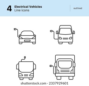 Conjunto de iconos de los iconos de la línea de vectores esbozados en los vehículos eléctricos. El set contiene íconos de las flotas de los autobuses de transporte público, Camión, Camión y Camión Eléctrico. Iconos de línea resaltados. 