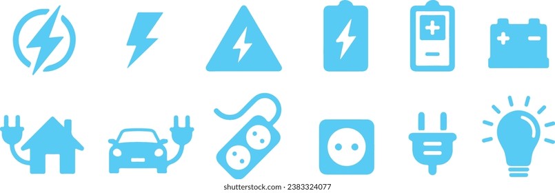 Icon set of electricity, battery, electric vehicle, high voltage, green energy. Thin line icons, simple flat design vector illustrations. Isolated on white, transparent background