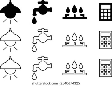 Icon set of electricity, water, gas and calculator